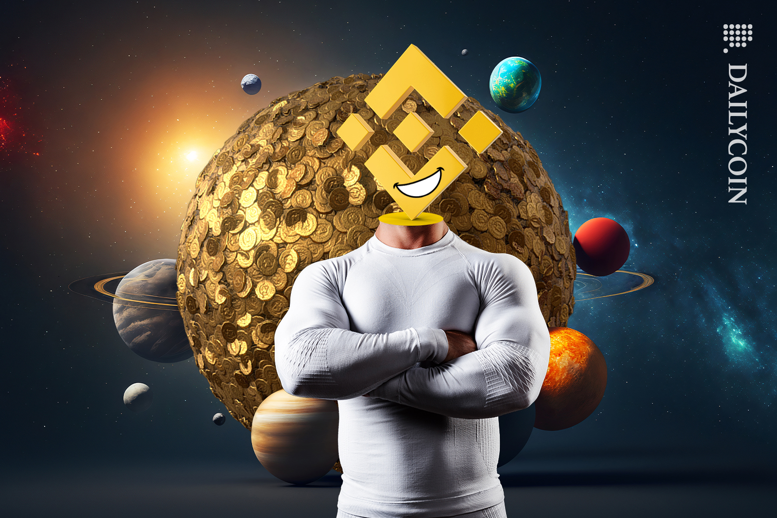 Mr. strongman Binance smiling, next to a planet made of coins.
