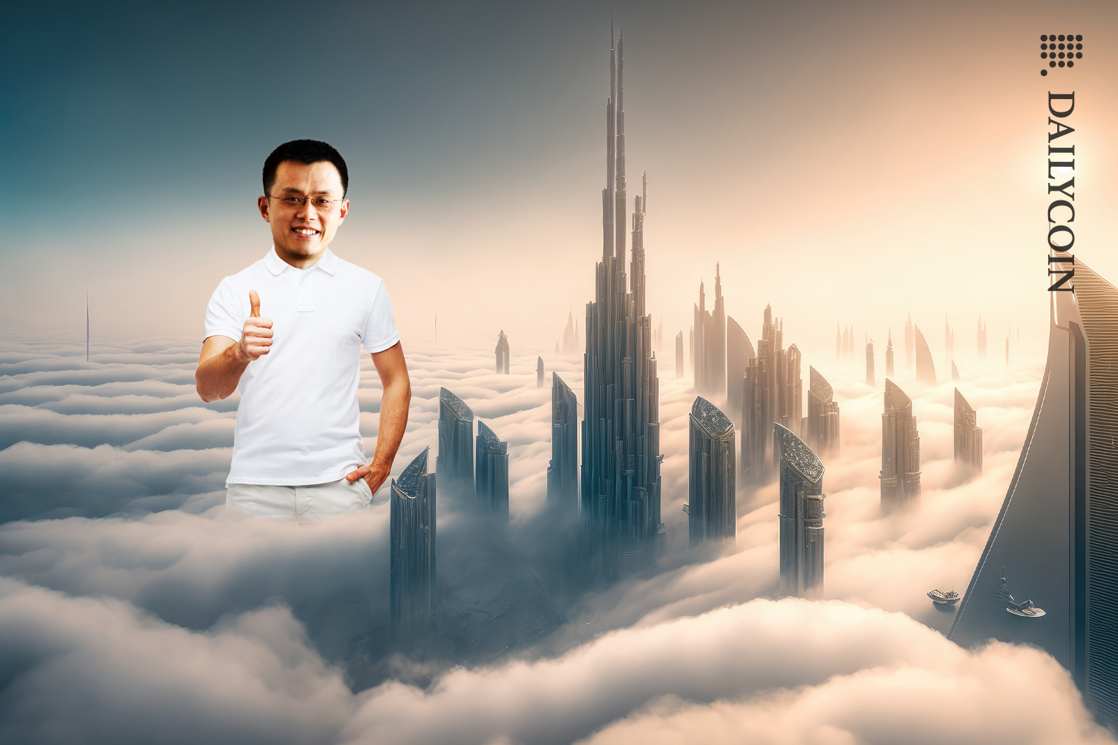 Binance CZ standing in the clouds of Dubai skyline showing thumbs up.