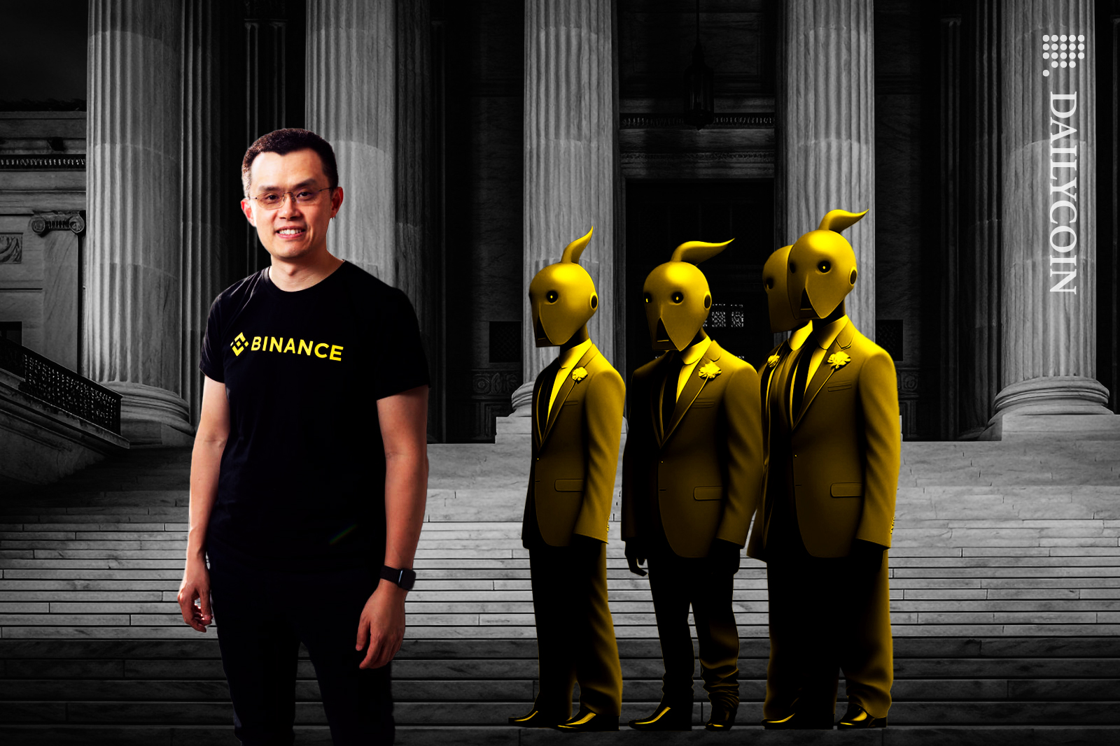Binance CZ with his lawyers waiting outside court.