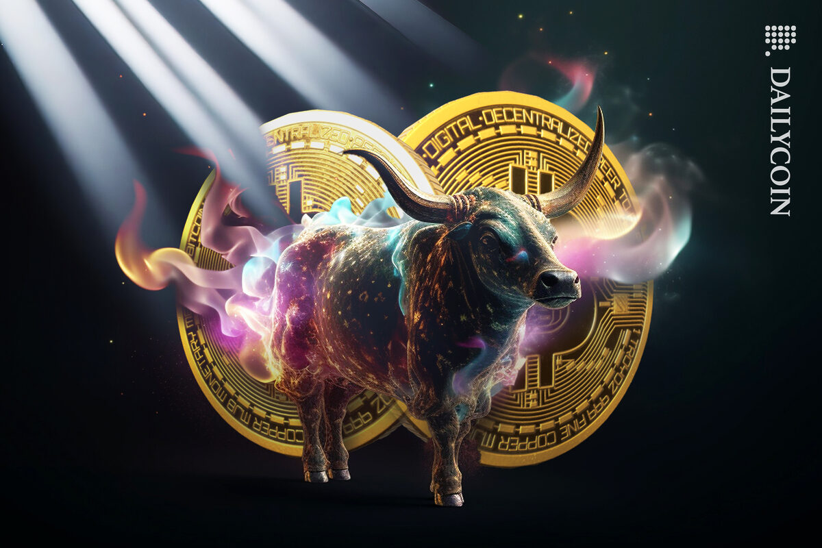 Magic bull on fire standing in front of Bitcoins.