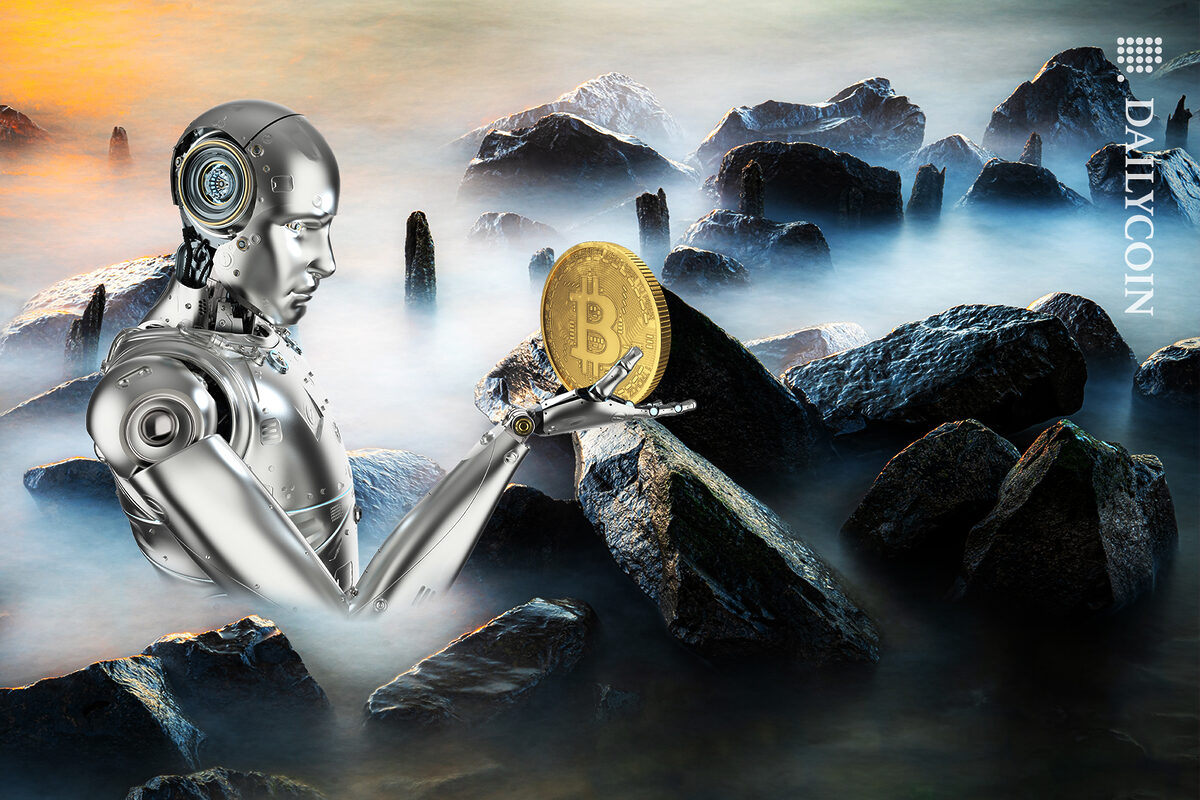 Robot appearing from smoke and a bunch of black rocks, looking at a bitcoin.