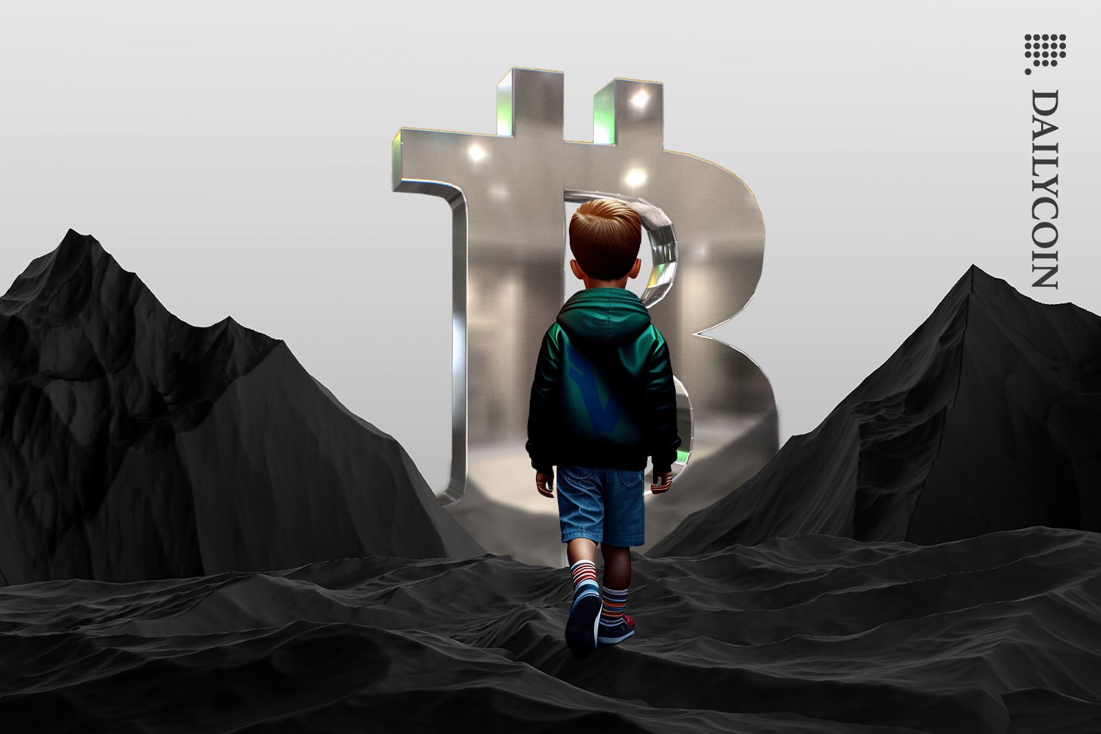 Boy walking towards Bitcoin sign over black rocky mountains.