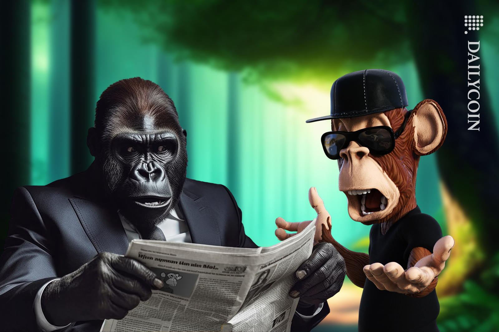 Bored Ape and his manager are shocked to see the news, in the newspaper.