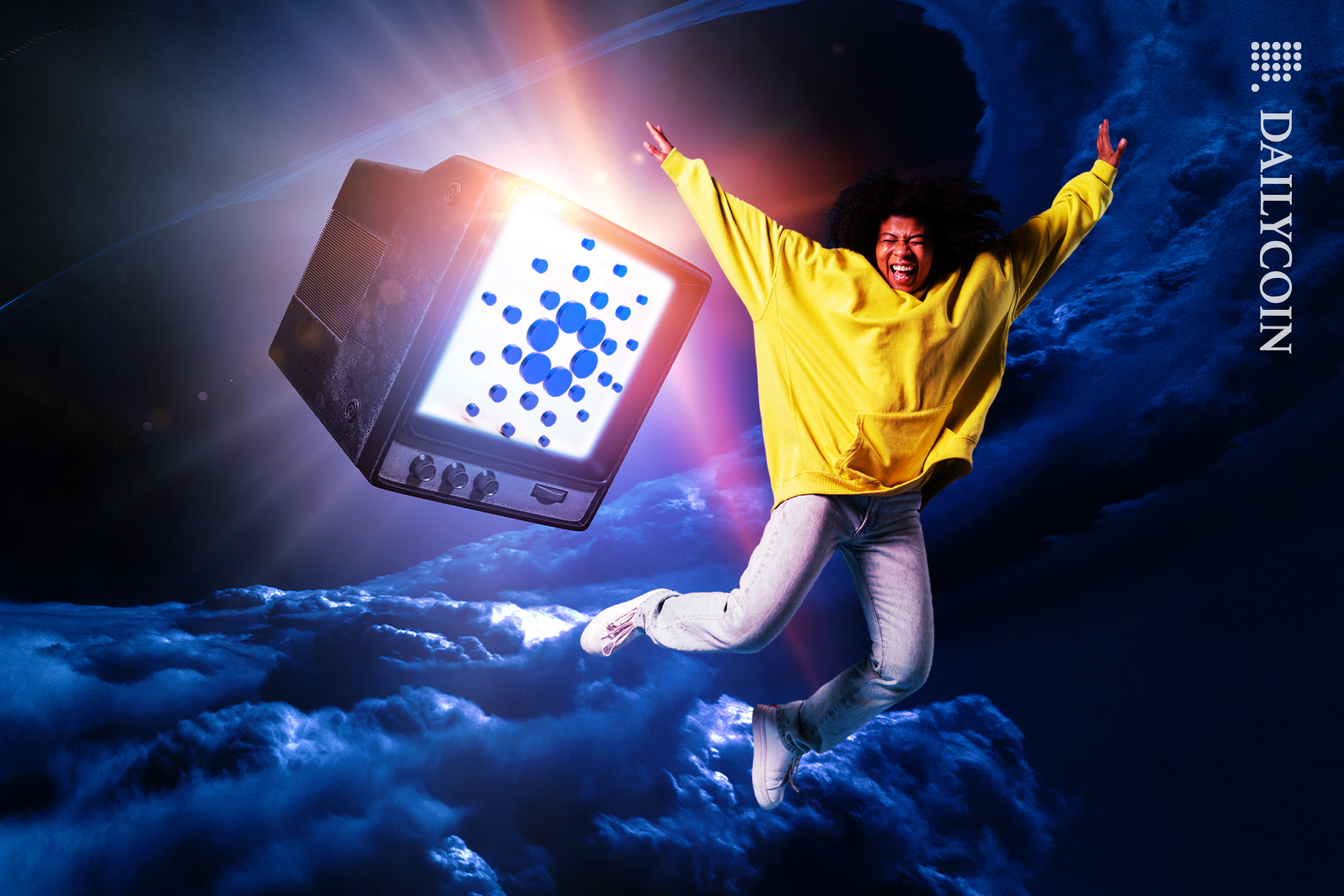 Girl jumping in the air with a glowing Cardano TV.
