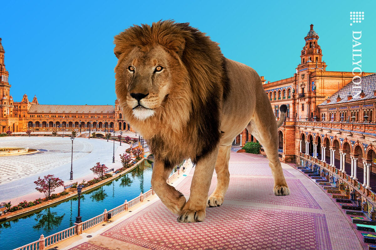 Crypto.com Lion Walking around Saville, Spain.