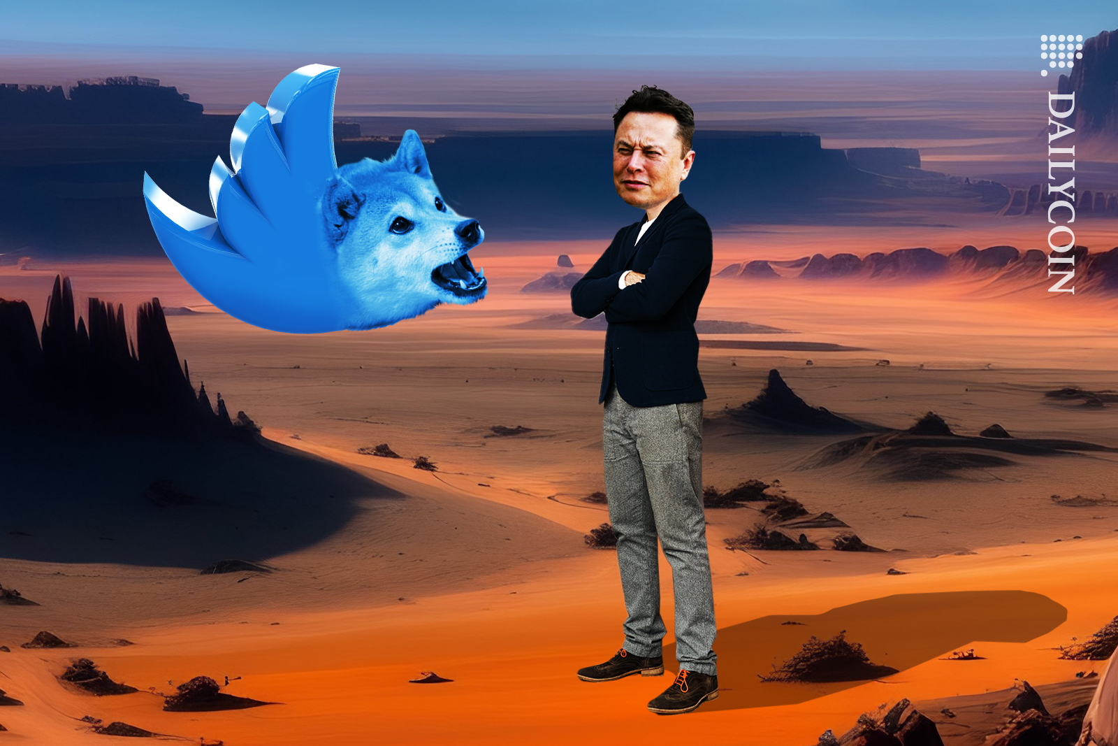 Doge as a twitter logo flying over the valley and shouting at a confused Elon Musk.