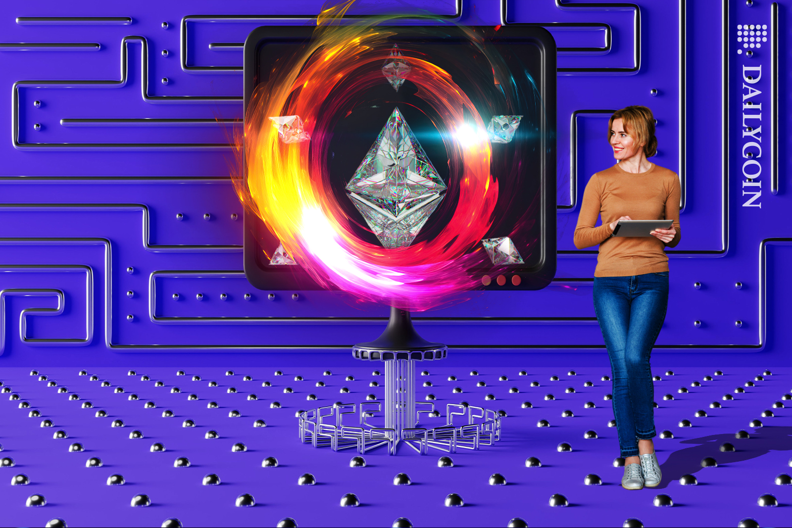 Woman next to Ethereum portal machine.