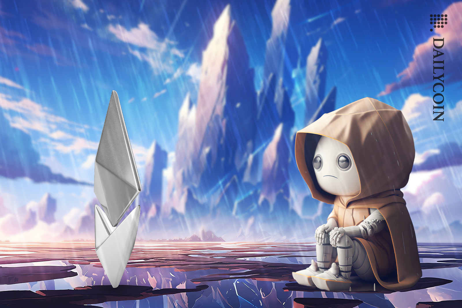 Little character sitting and watching rain fall on Ethereum at a magical crystal kingdom.