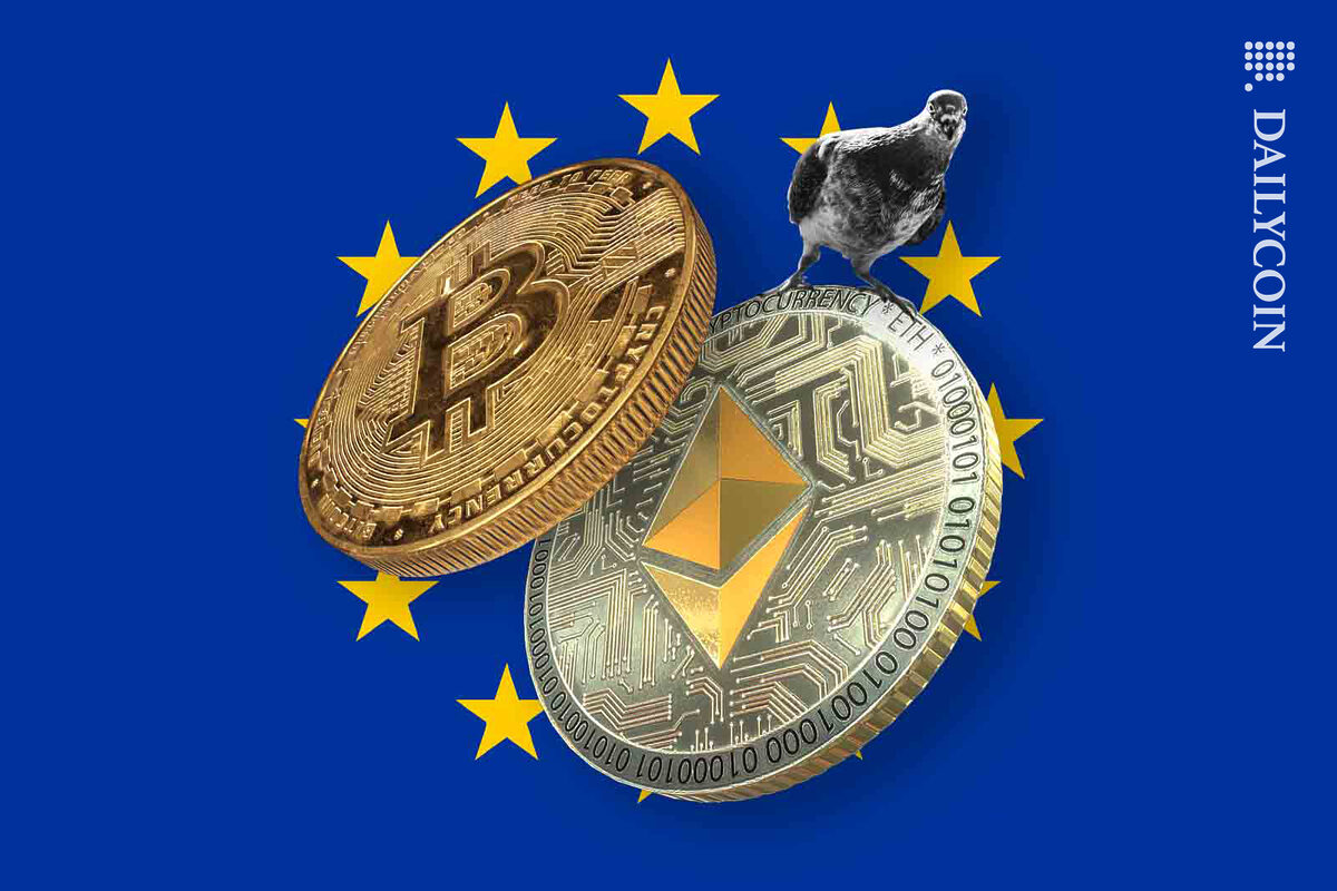 Pigeon on top of Ethereum coin, and Bitcoin is beside him. EU flag in the background.