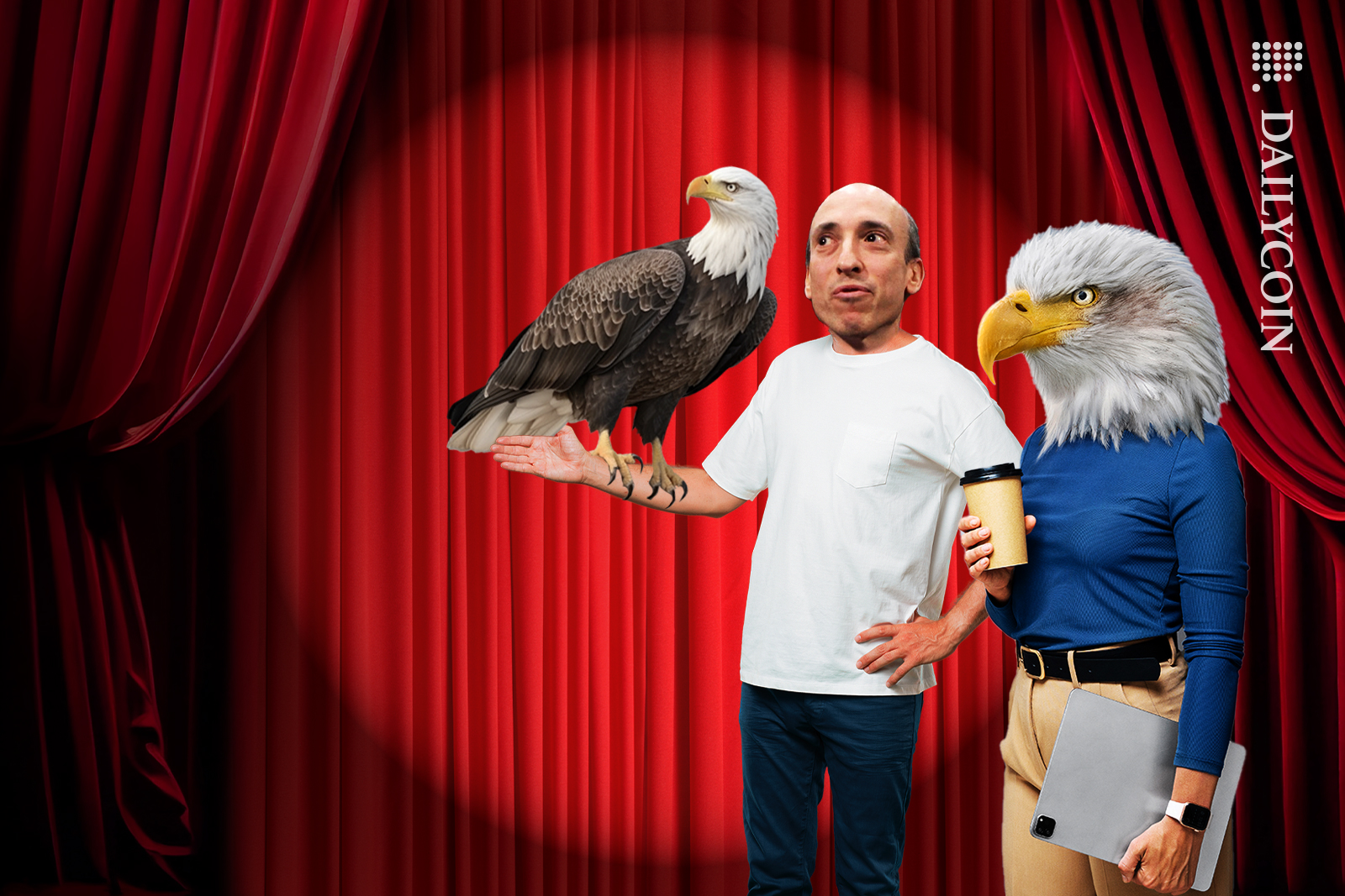 Gary Gensler with an eagle agent having a meeting in a theatre.