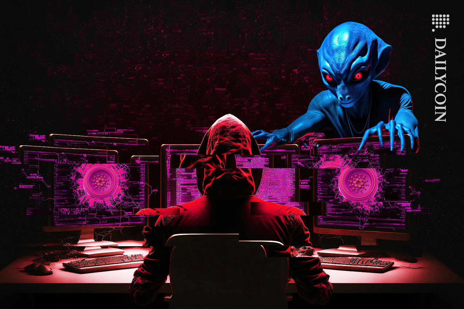 An alien looking at a hooded hacker working on computers with Cardano coins on display.