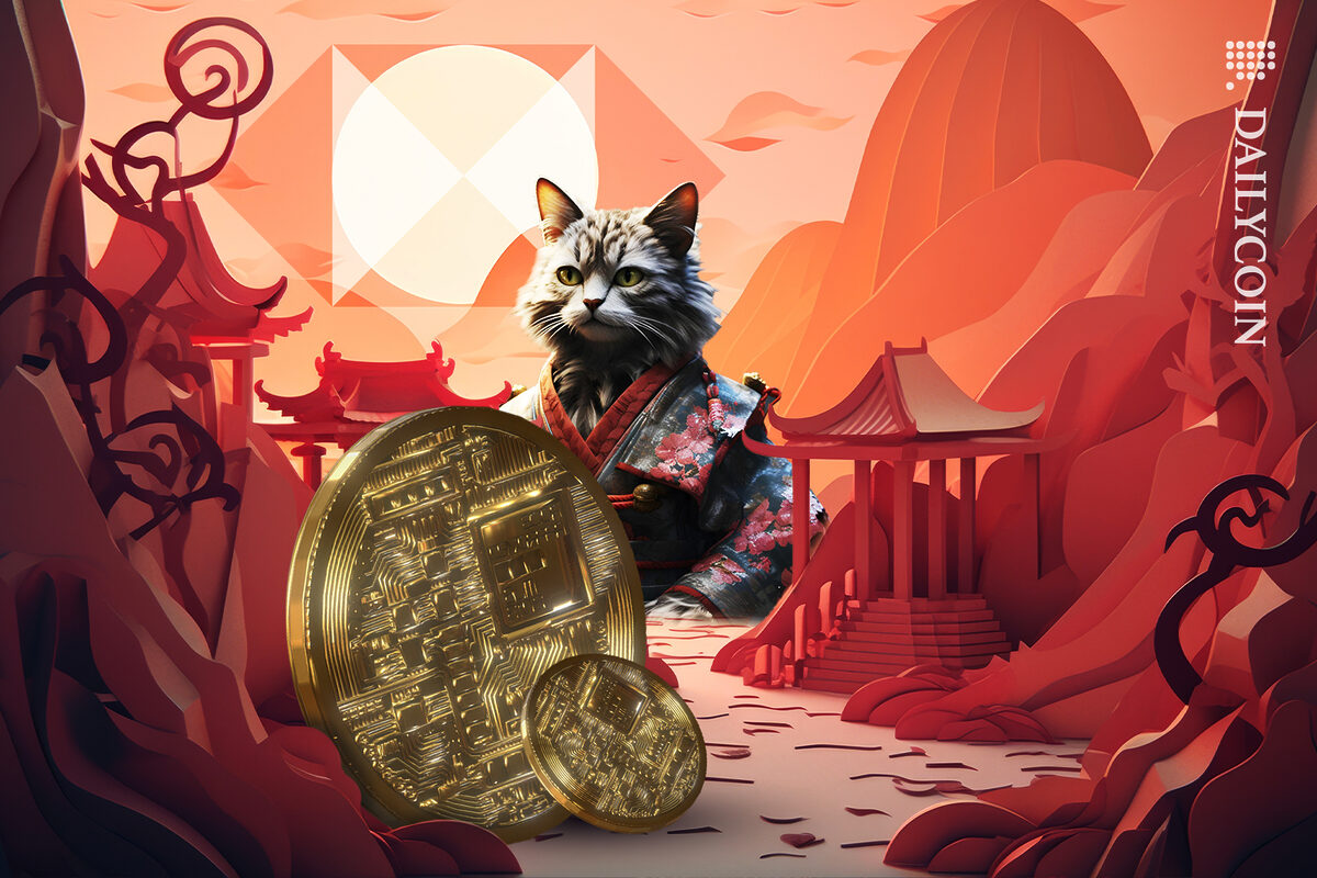 A cat in china seeing some crypto coins laying on the ground, HSBC logo in the background artwork.