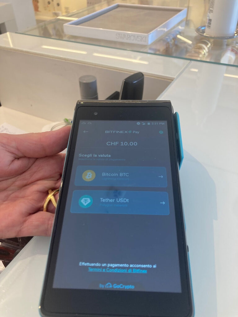 Bitcoin and Tether payment options are integrated into Point of Sale (POS) terminals that local merchants receive free of charge. Prices set in Swiss Frans (CHF) are instantly converted into an equal amount of BTC or USDT.