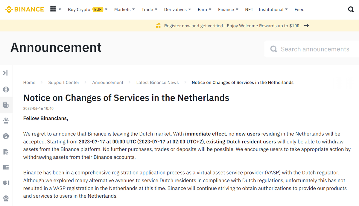 Binance's Netherlands exit announcement. 