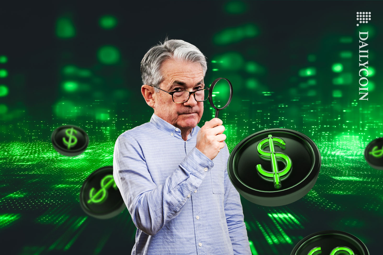 Jerome Powell checking stablecoins.