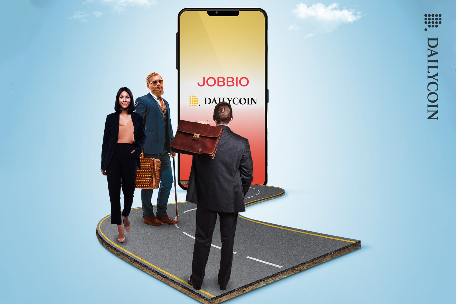 People walking towards a mobile phone displyaing DailyCoin x Jobbio for new opportunities.