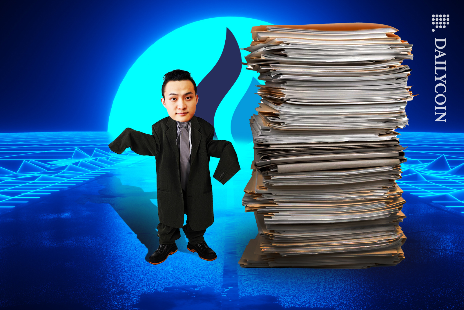 Justin Sun has his court suit outfit on, standing next to court papers in front of a rising Huobi logo.