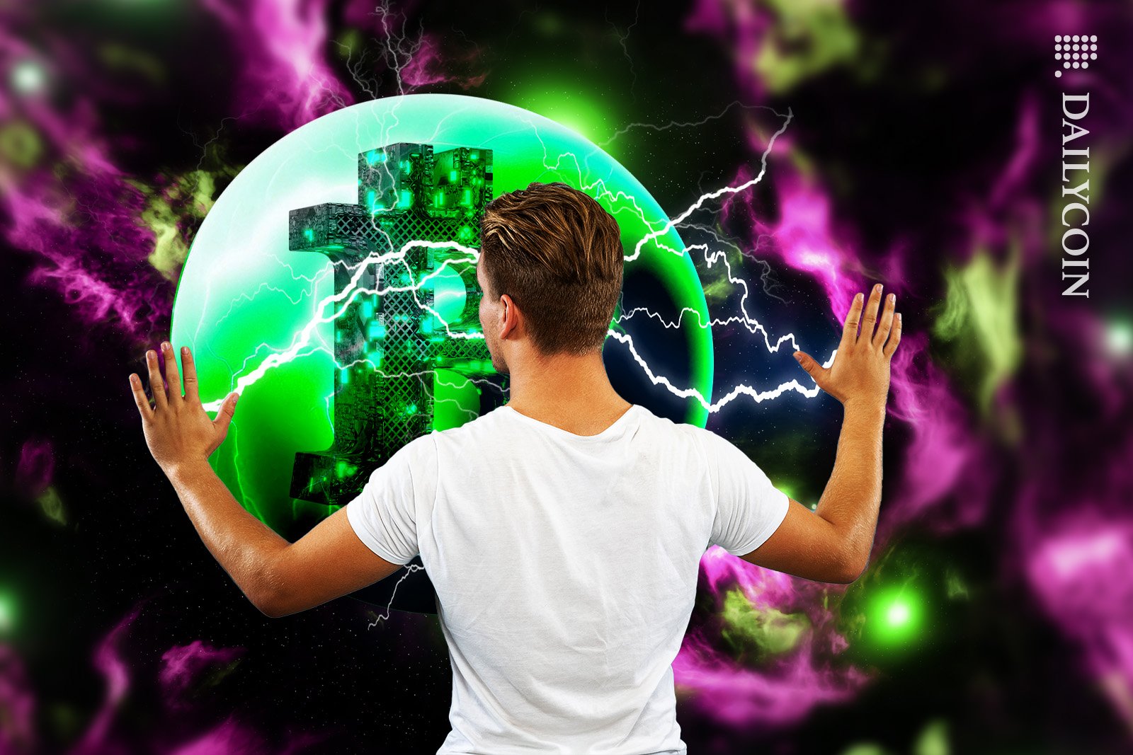 Man using his hands lightning power on a Bitcoin bubble.