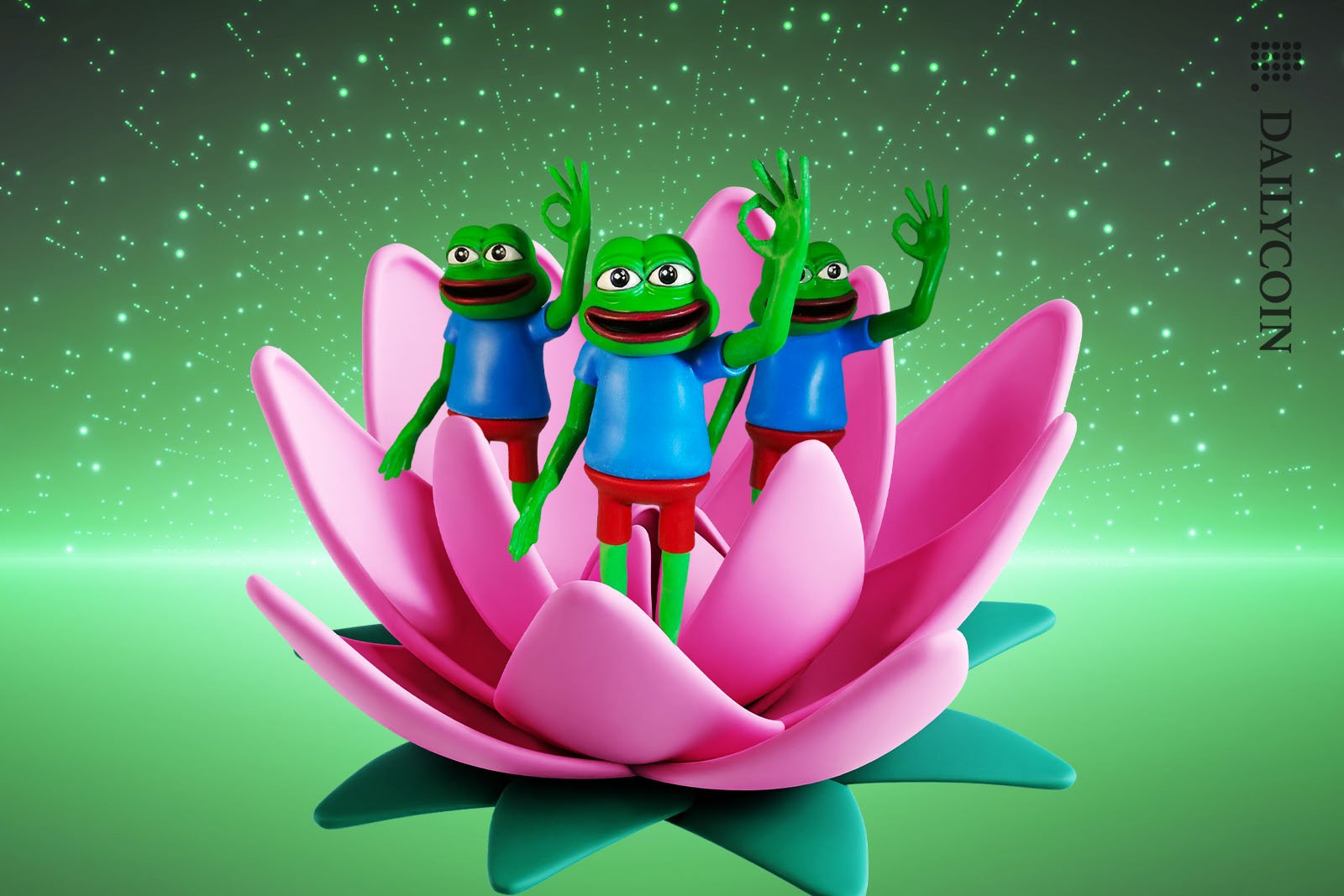 Three Pepes coming out of a lotus flower showing "perfect" hand sign.
