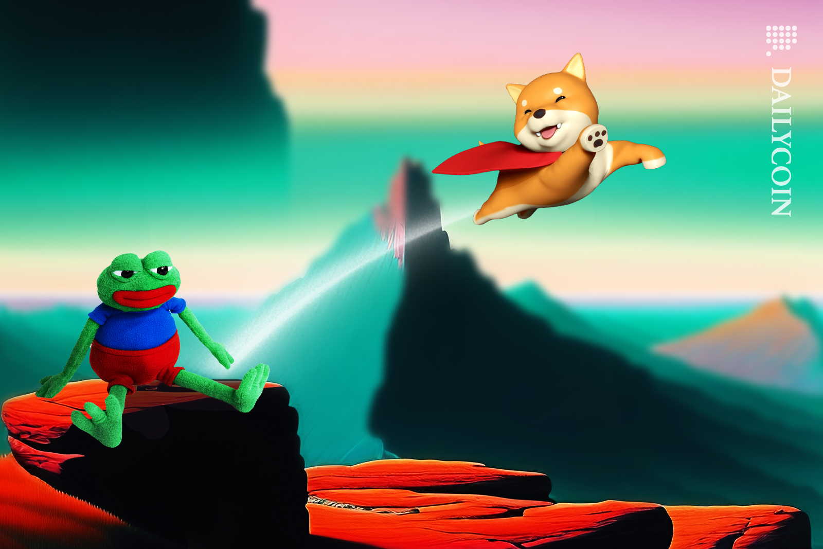 Pepe sitting on the edge of a cliff, looking depressed, Shiba Inu shooting like a star across the sky.