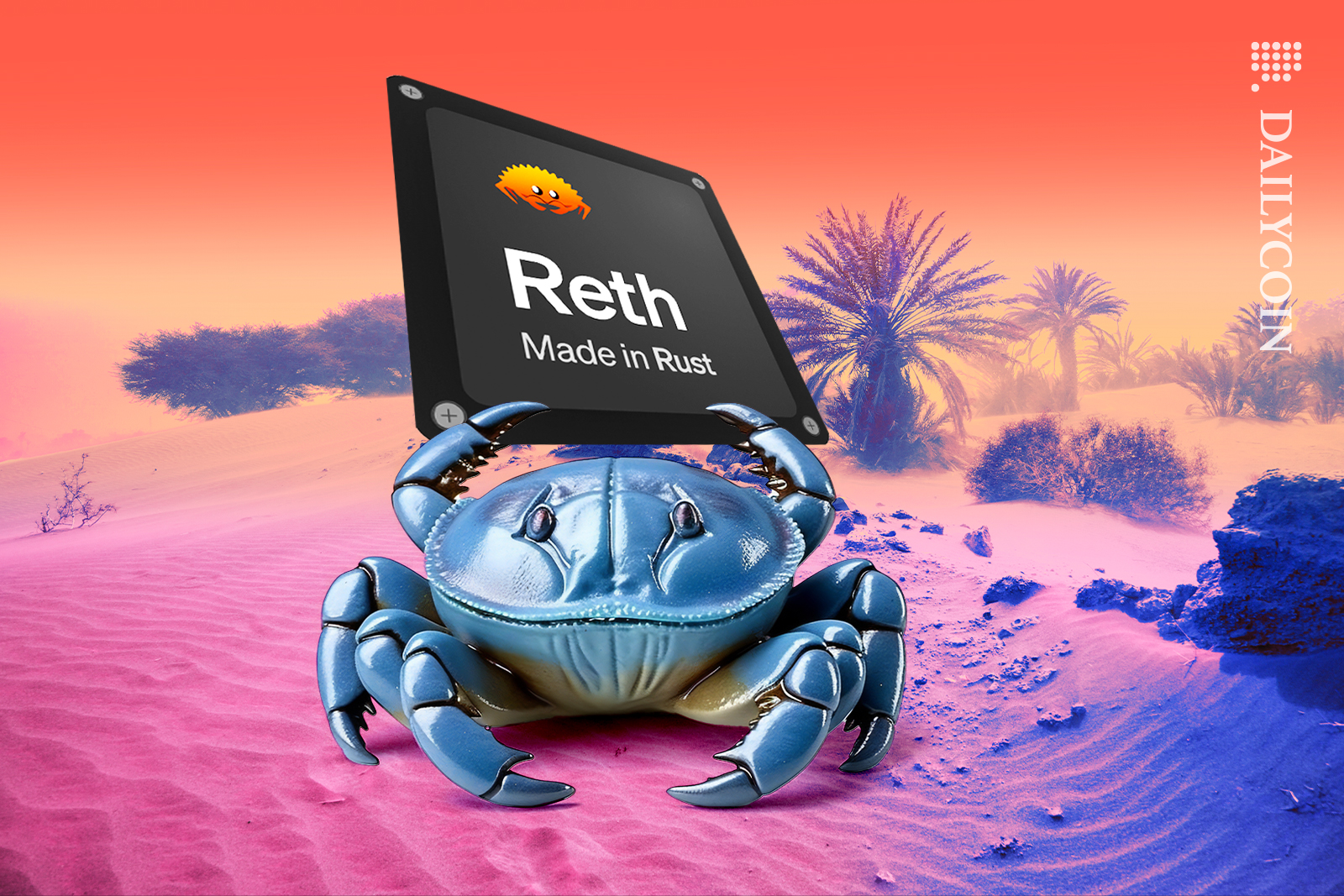 Reth character crab on the beach holding a ''reth made in rust'' chip.