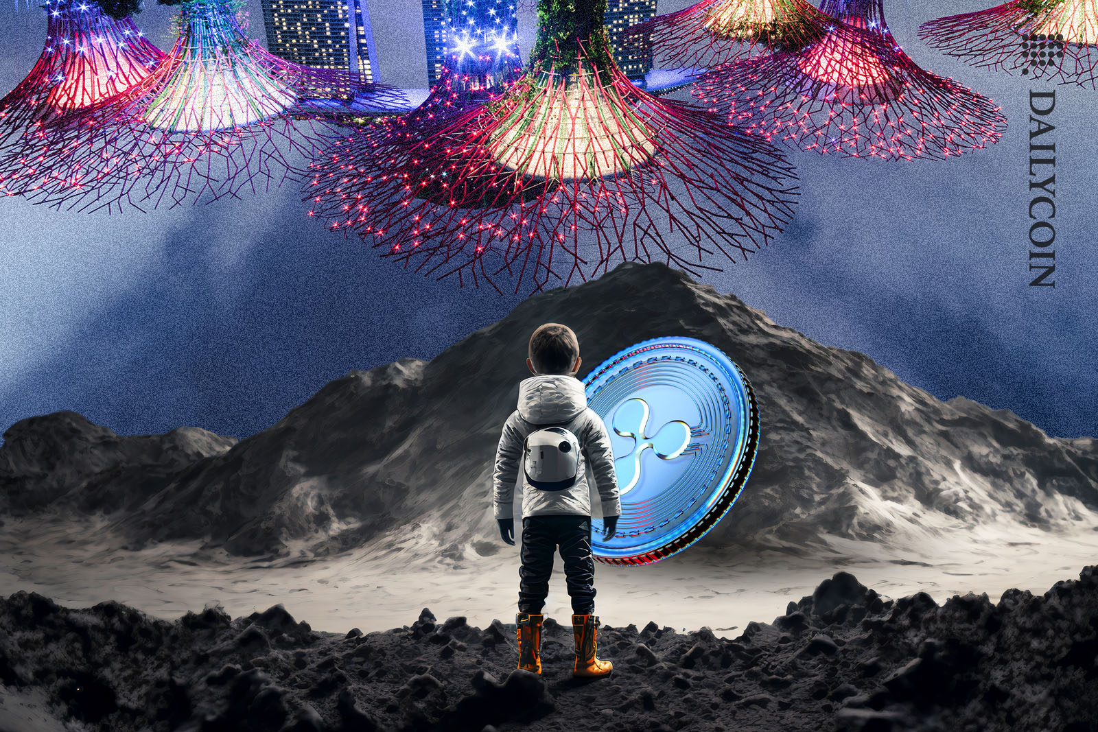 A kid is looking at a Ripple coin leaned on a mountain with a Singapore skyline, upside down.