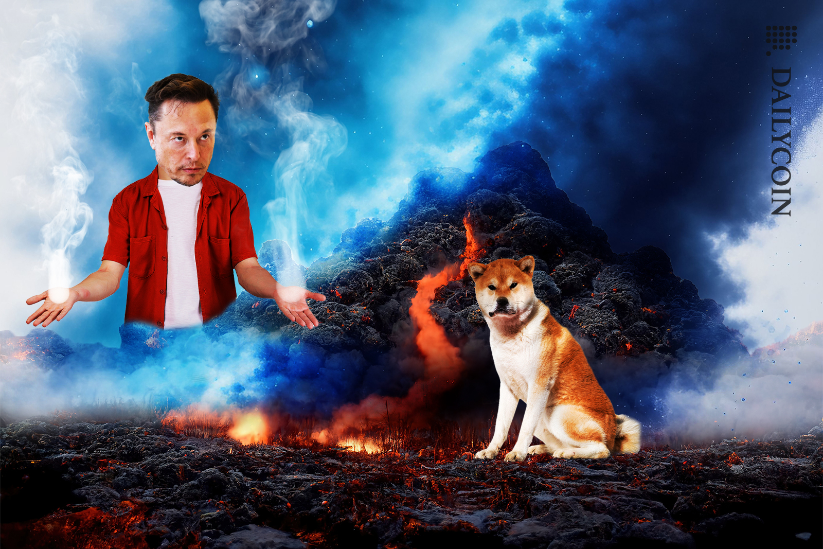 Elon musk smoking out the lava of shiba land next to an angry Shiba inu.