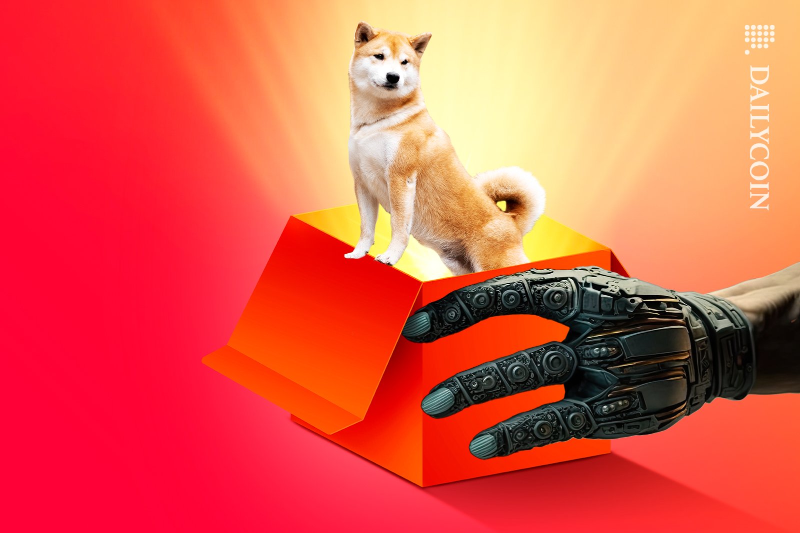 Shiba inu coming out of a mystery box, presented by a robot hand.