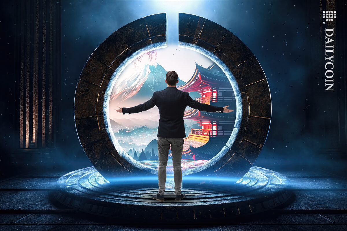 Man raising his arms in front of a circular portal thats going to transport him into China.
