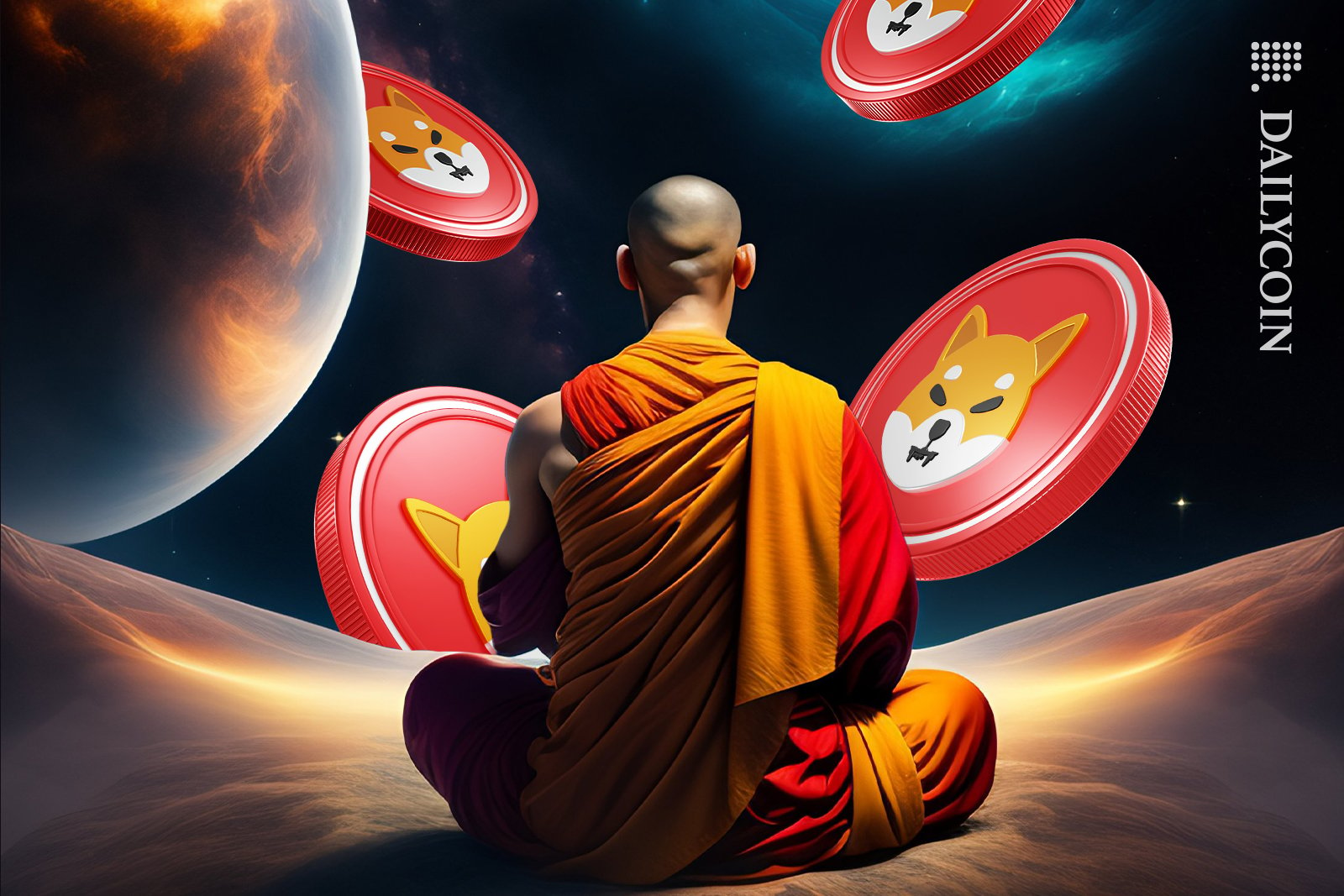 Monk praying for Shiba coins at outer space.