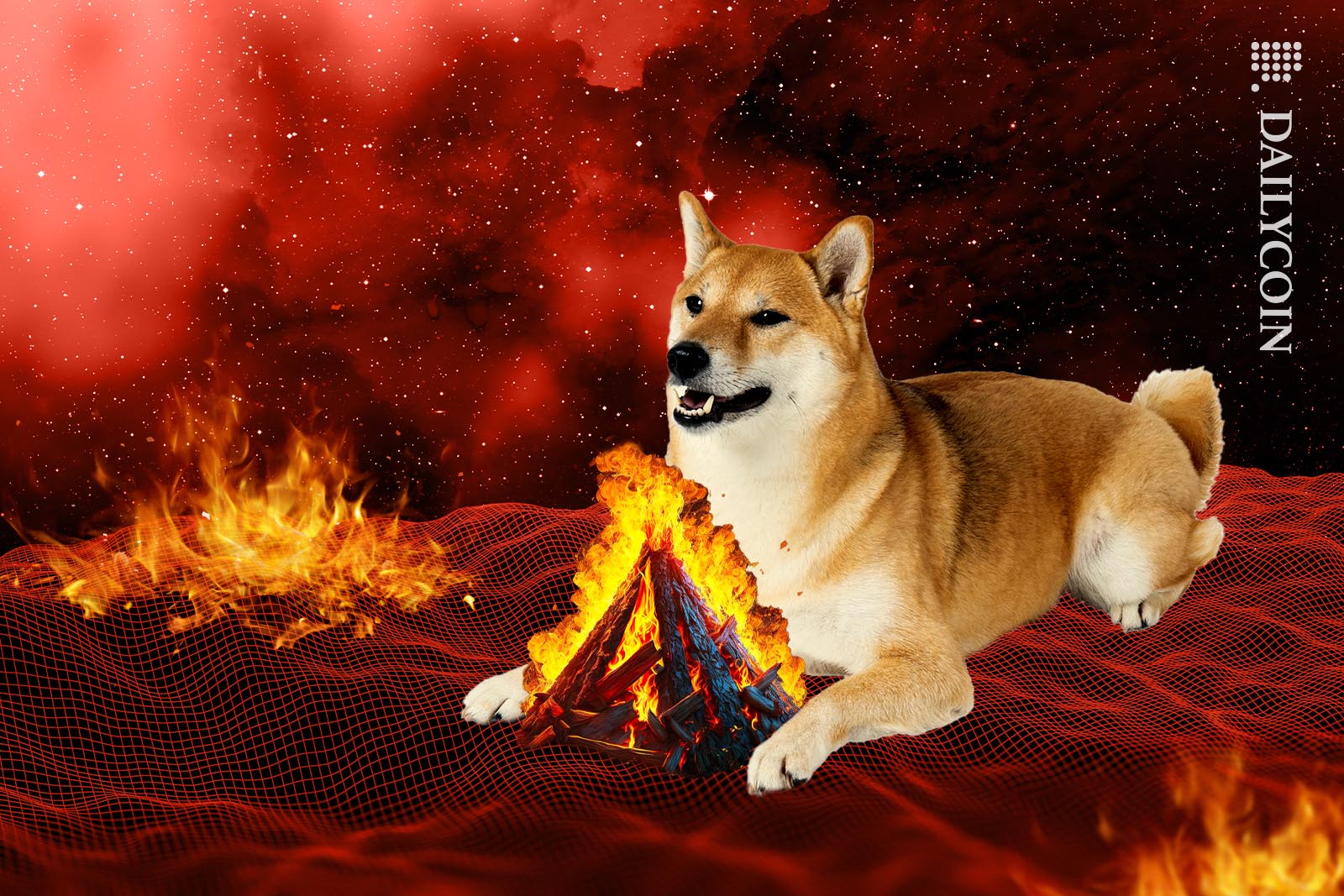 Shiba inu on burning land, smiling.