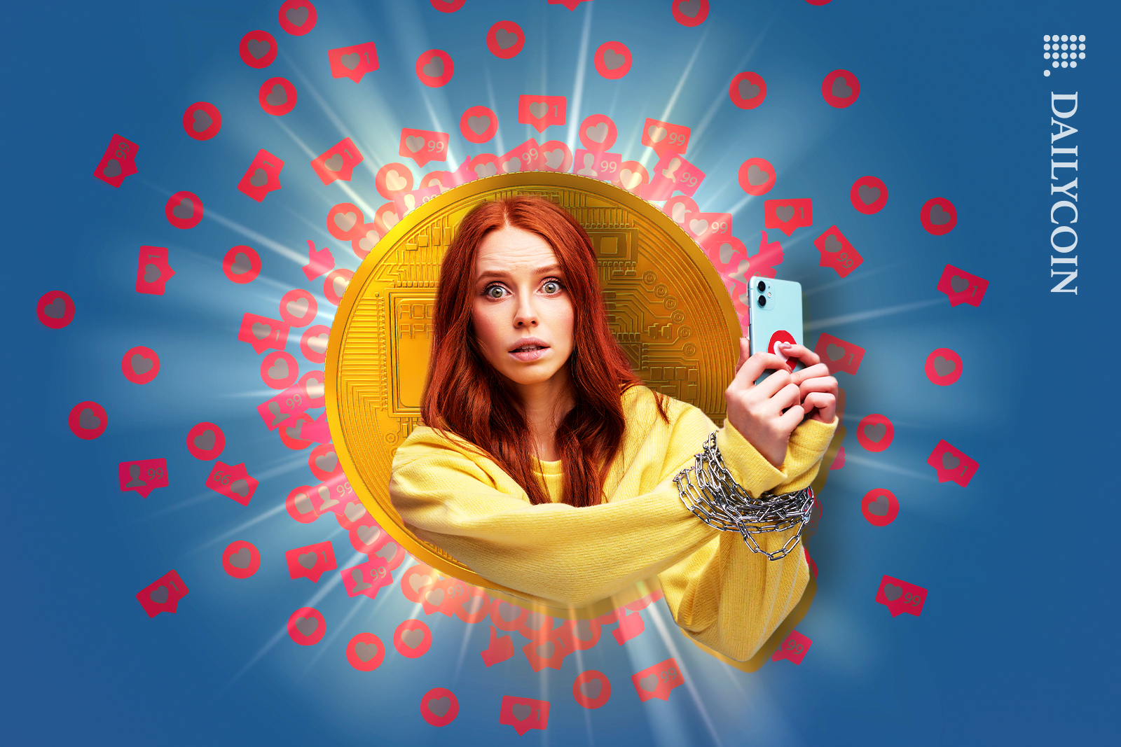 Social media girl with her hands tied holding a phone, crypto coin behind her.