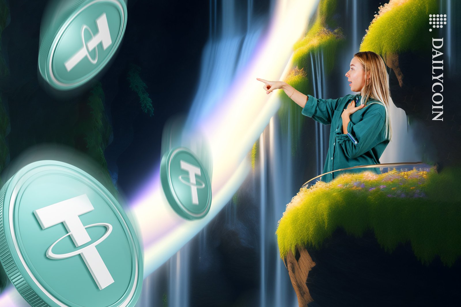 Lady pointing at Tether coins falling.