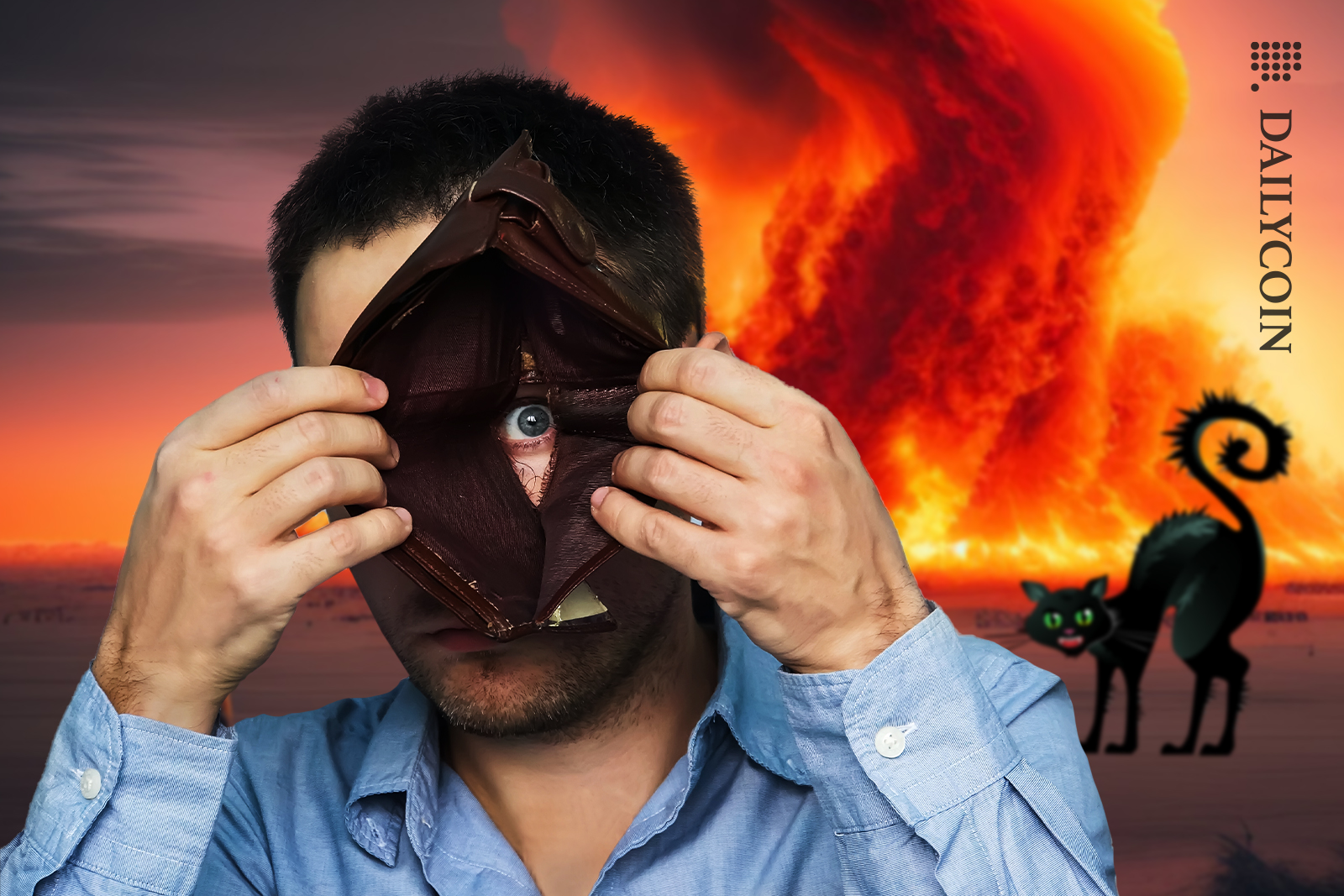 Man looking through his empty wallet in a burning landscape and a black cat is hissing at him.
