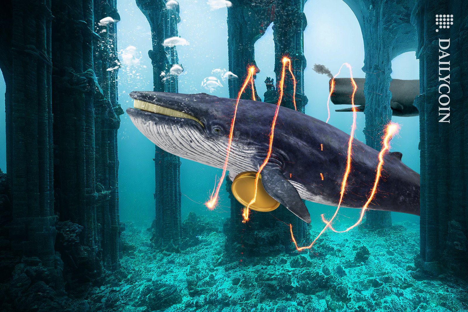 Whale smiling, holding a coin while swimming through an underwater palace.