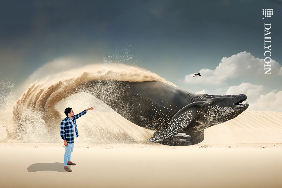A whale moving through the sand dunes with a XRP coin next to a man pointing at it.