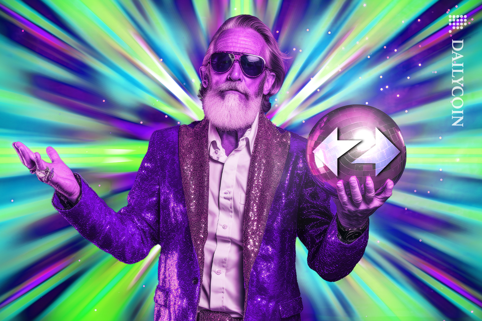 Man dressed in sequins holding a disco zkSync ball in front of speed lights.
