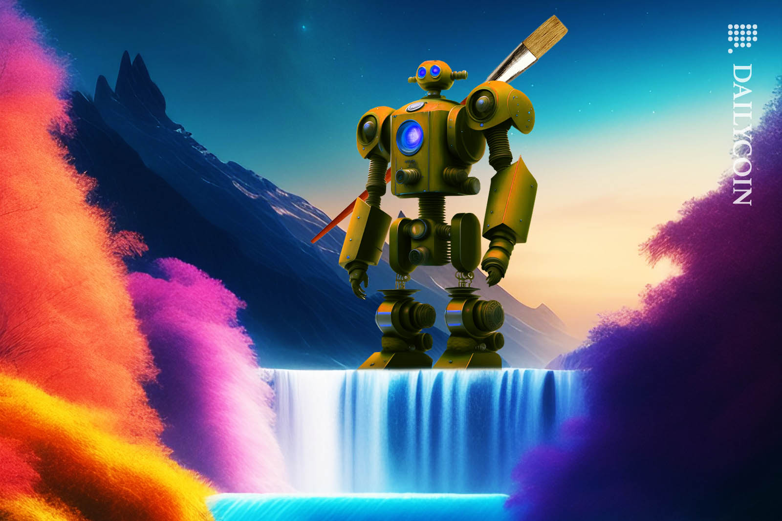 Robot standing in a dreamy waterfall with a paintbrush on its back.