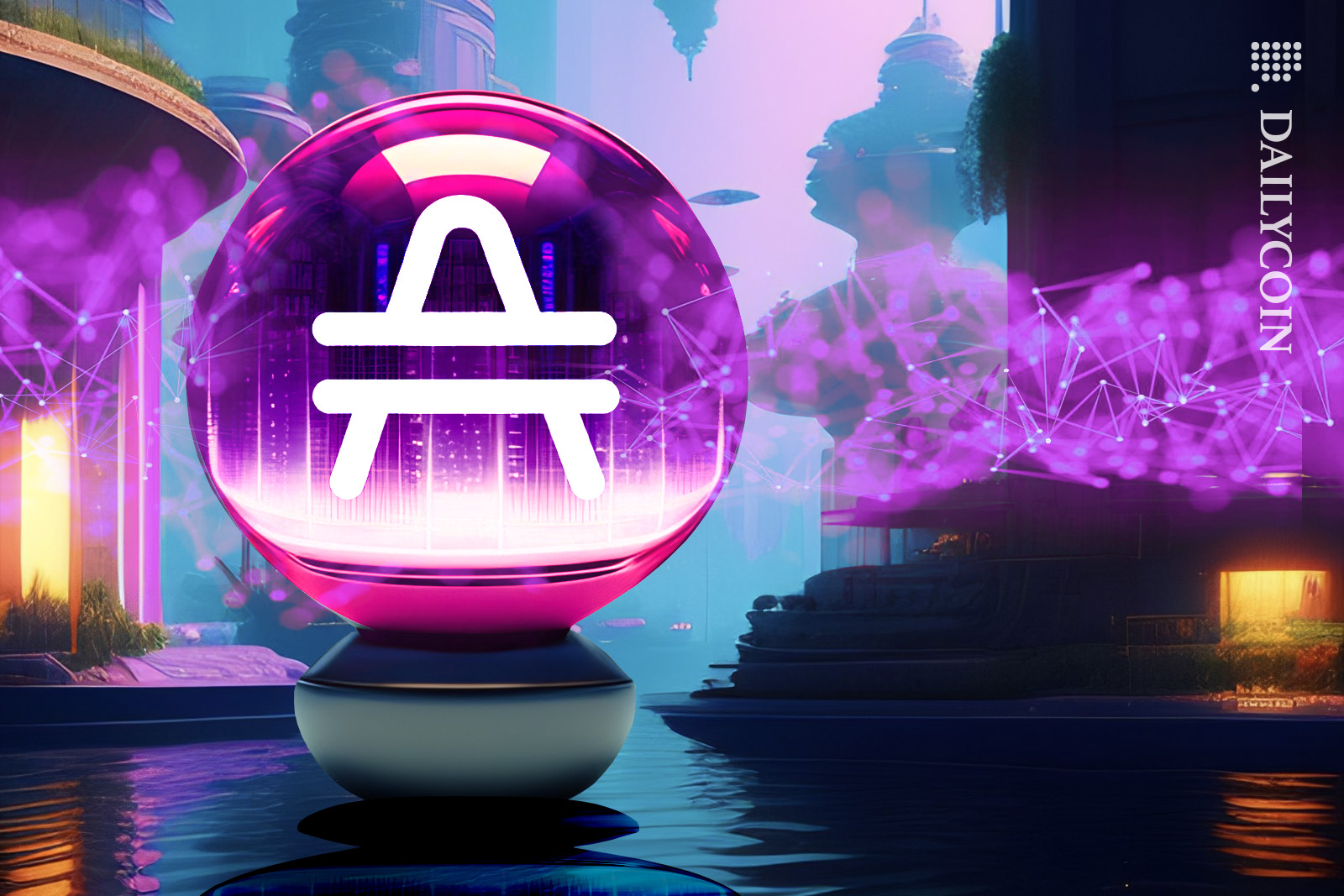 Mysterious pink sphere floating on water in a futuristic city scape with an AMP logo on it.