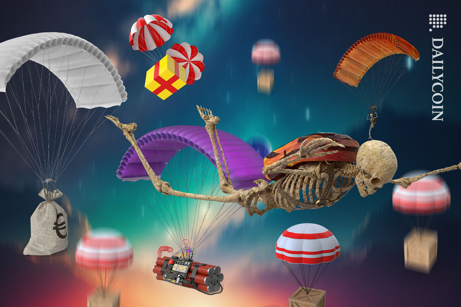 Gifts, money, bombs and skeletons parachuting down from the sky, with a skeleton in the foreground.