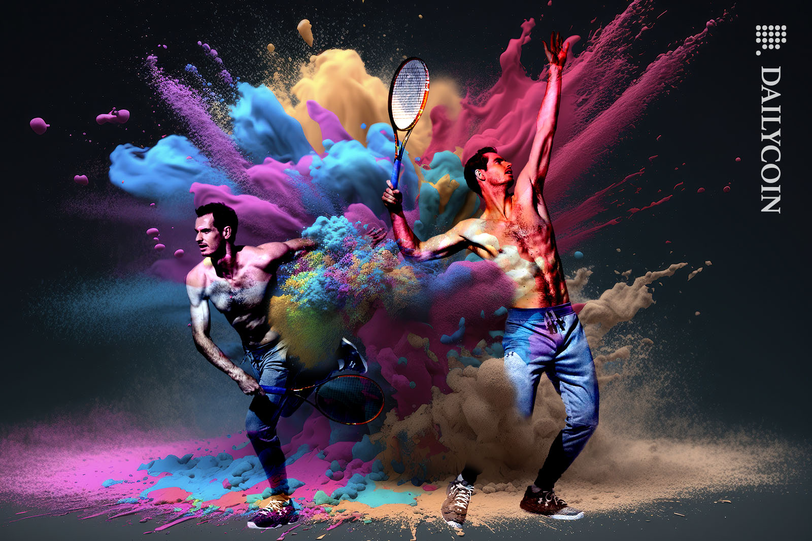 Andy Murray playing tennis in a colourful dust explosion.