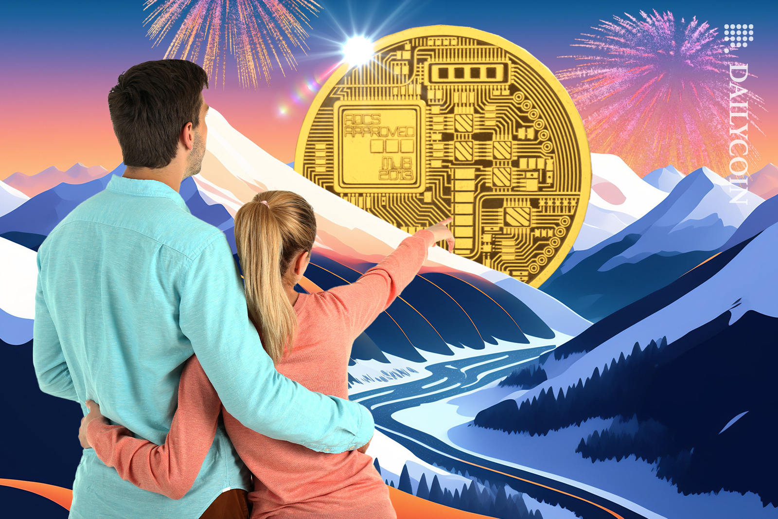 A couple in the snowy mountains, seeing a coin with fireworks.