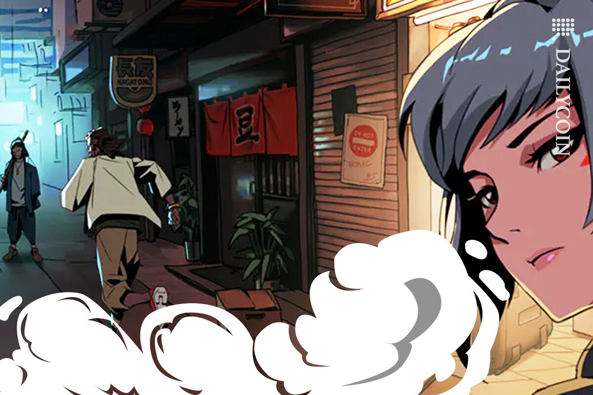 Girl looking back, thief running away in a street scene in Azuki manga style.