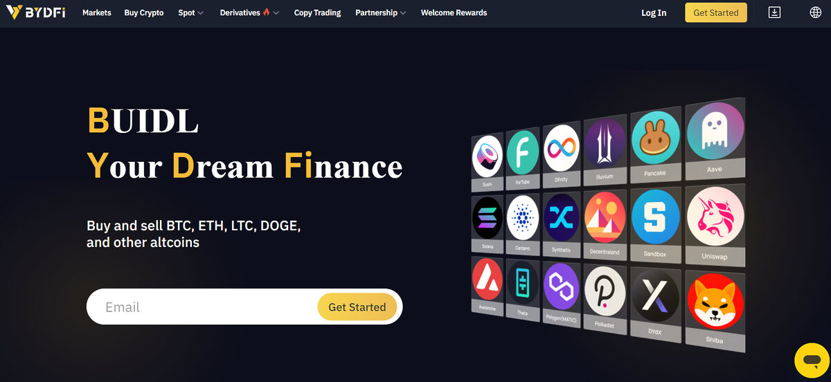 Bydfi homepage with "Build your dream finance" written.
