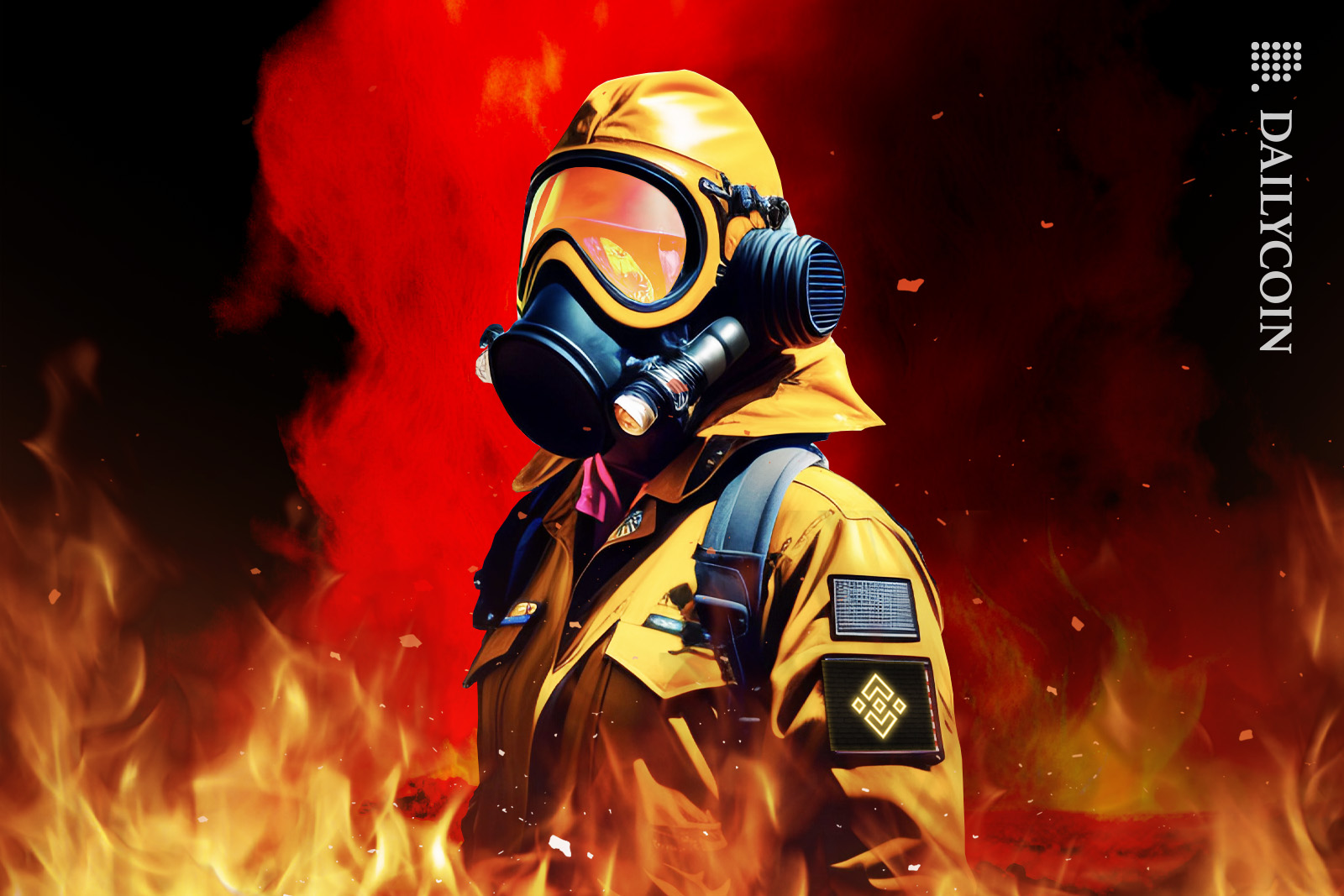 Man in Yellow binance hazmat suit and gas mask surrounded by fire.