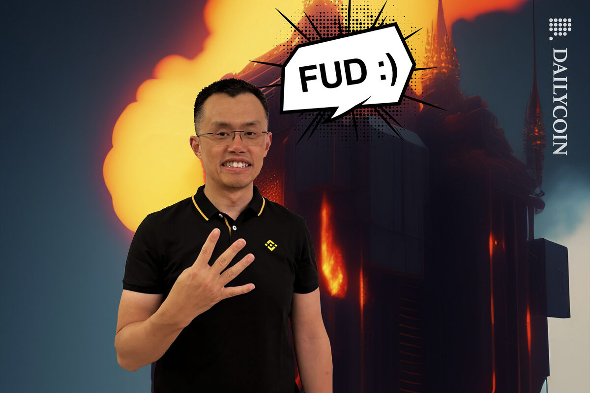 Changpeng Zhao with a creepy smile on his face standing in front of a burning building, saying it's FUD.