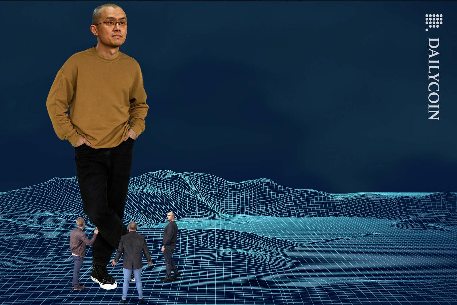 Changpeng Zhao standing in a digital wireframe landscape whilst three little men trying to attract his attention.