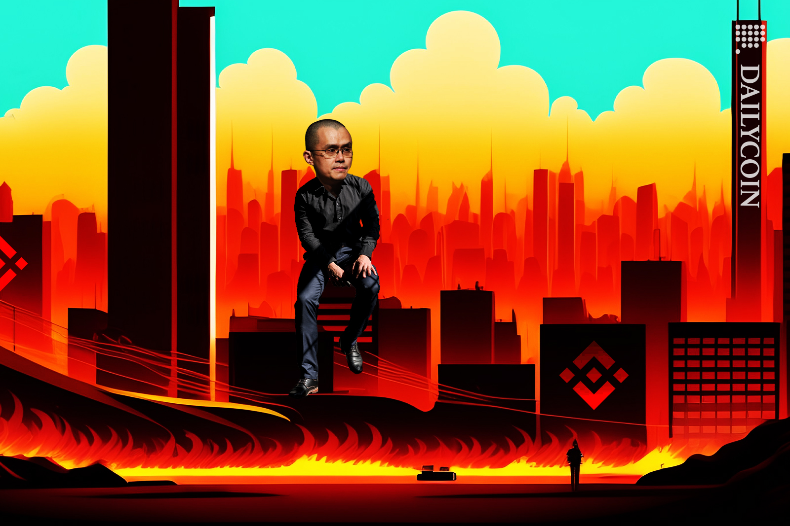 Binance CZ sitting on his built empire, surrounded by smoke and flames.