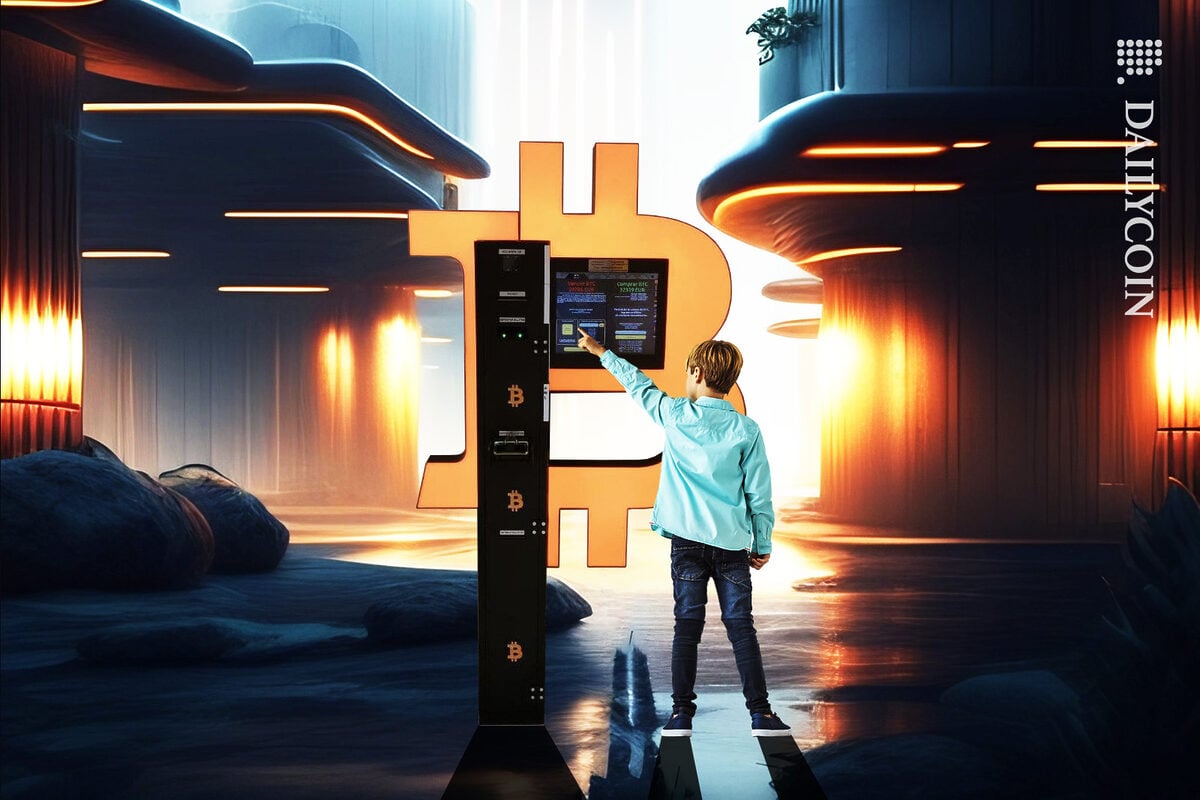 Little kid using a Bitcoin ATM in a futuristic and abandoned city.