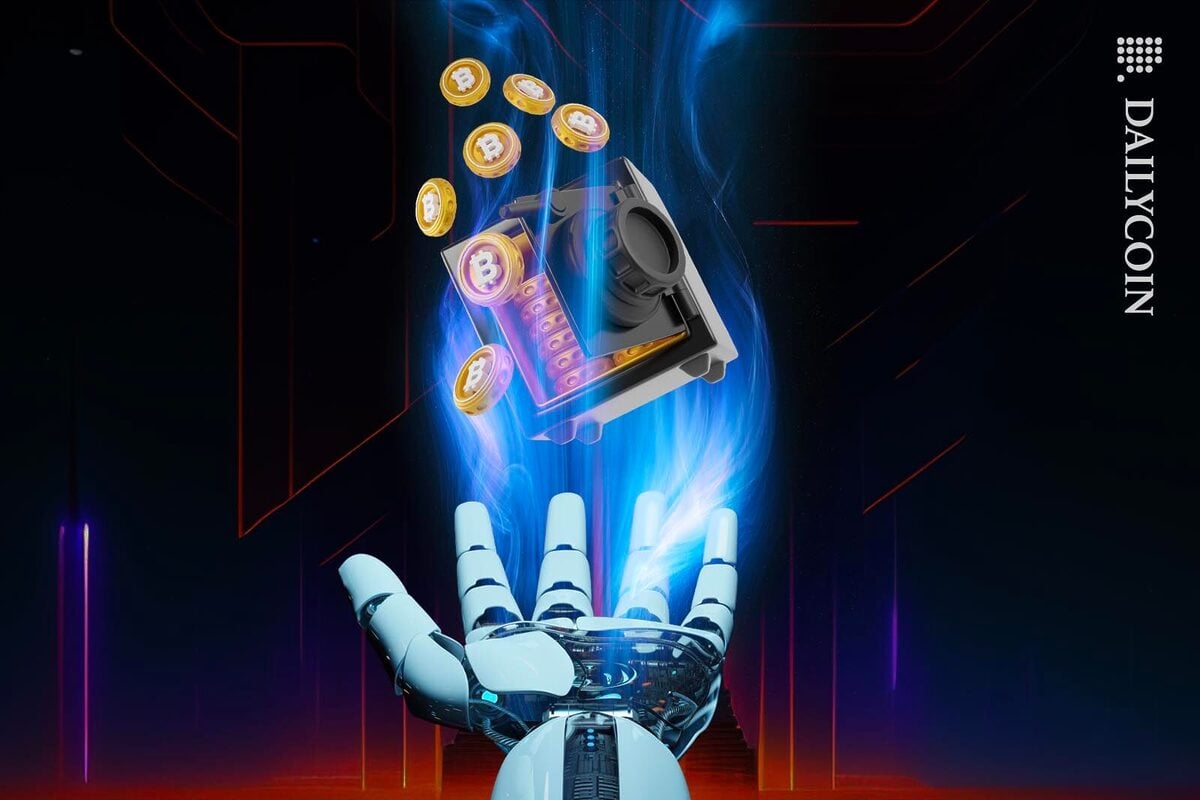 A safe with bitcoins floating around it, is held up by some strange force coming out of a robotic hand.
